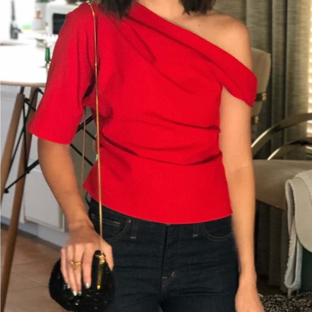 Red draped off the shoulder Zara top